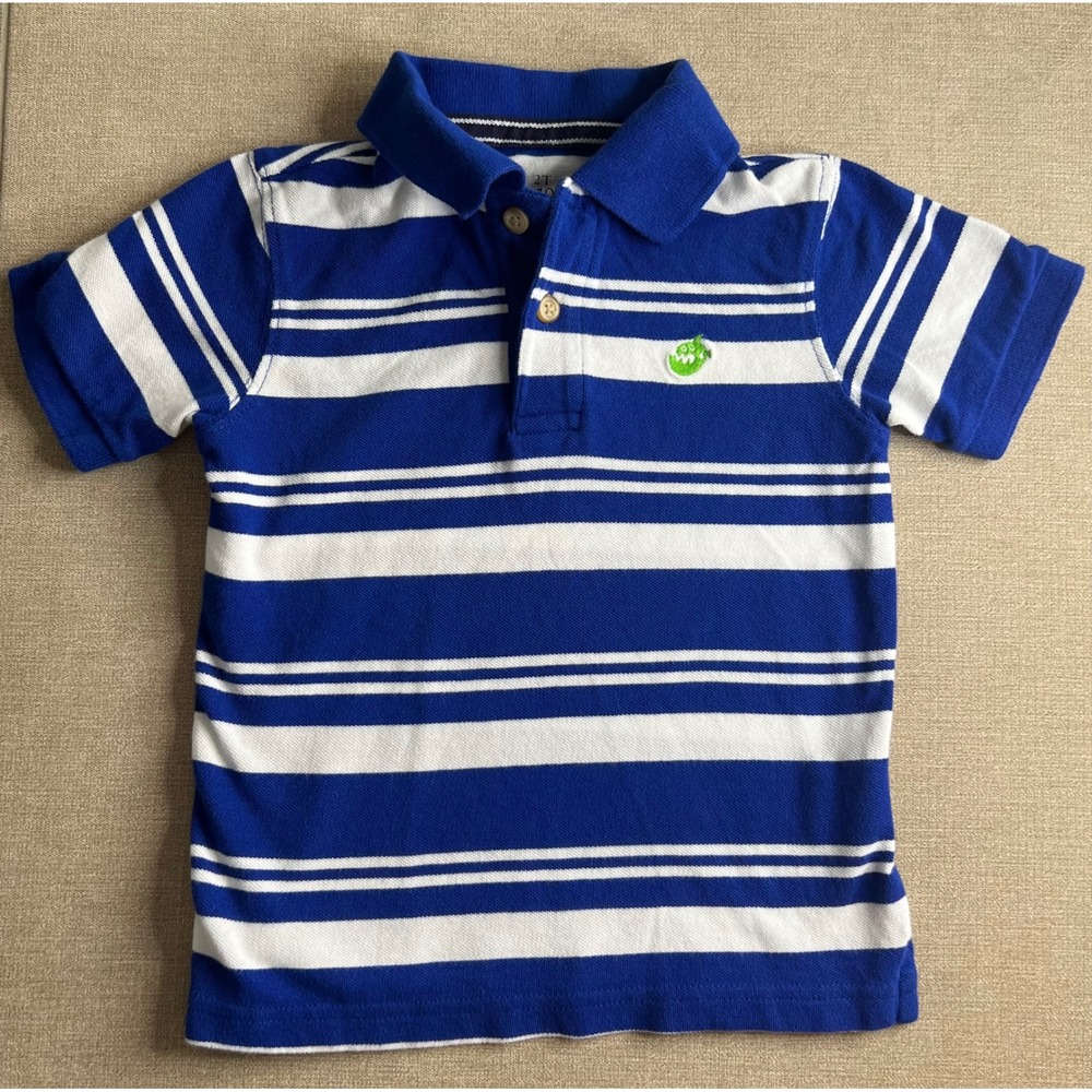 The Childrens Place Boys Blue White Striped Monster Polo Shirt 2T Cotton